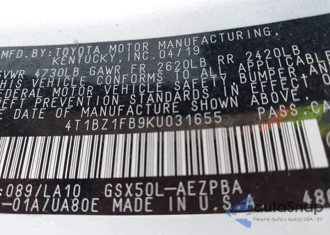 2019 Toyota Avalon Limited from USA, damaged, VIN 4T1BZ1FB9KU031655